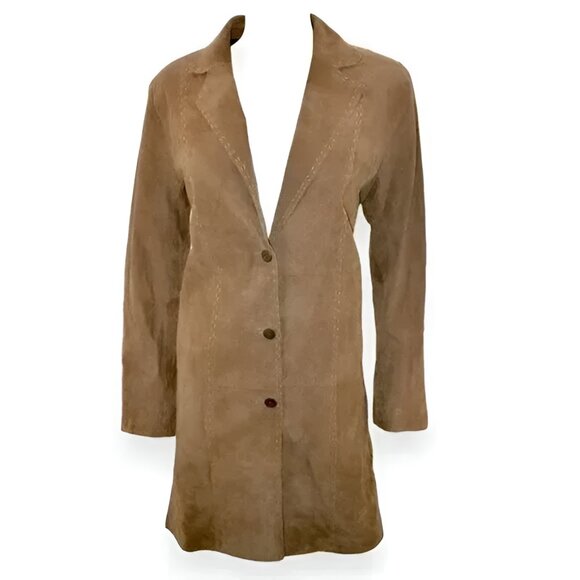 Chico's Jackets & Blazers - Chicos Caramel Khaki Brown Long Western Leather Duster Jacket Dress Coat 1 M 8